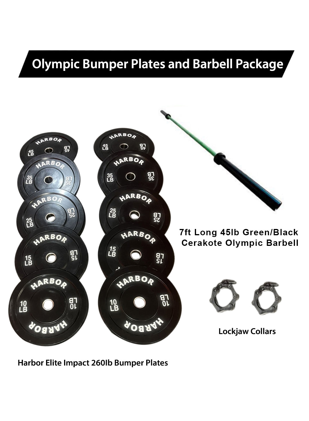 Home Gym Package: 260lb set + 1 Cerakote Olympic Barbell & 2-inch Lockjaw Collars