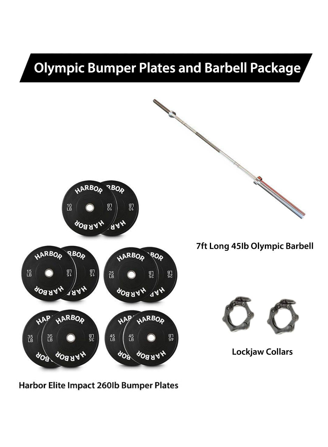 Home Gym Package: 260lb set + 1 Olympic Barbell and lockjaw collars