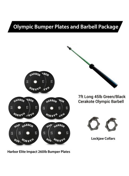 Home Gym Package: 260lb set + 1 Olympic Barbell and lockjaw collars